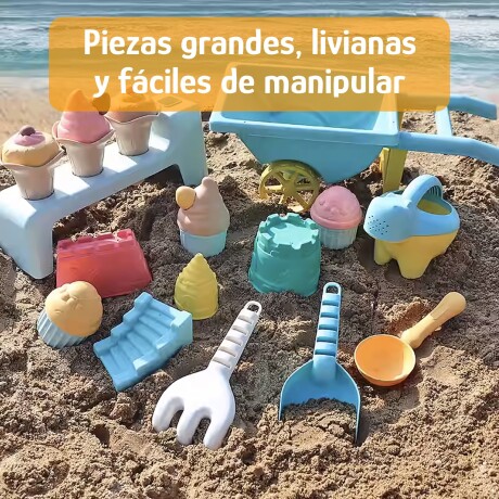 Set Juego Playa Infantil Carretilla Moldes Rastrillo 10pzas Celeste
