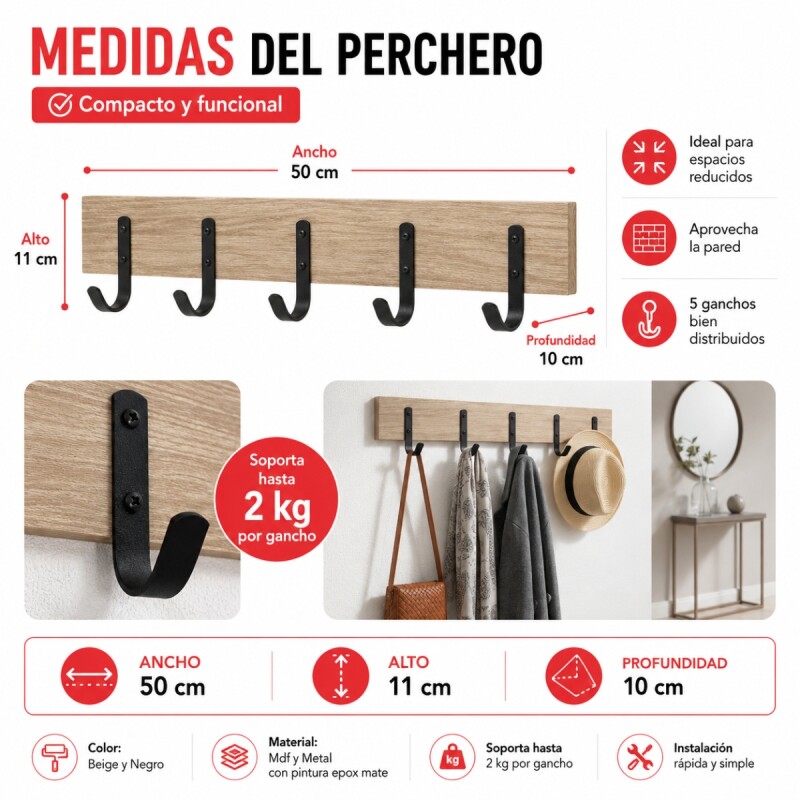 Perchero simple con 5 ganchos MADERA/NEGRO