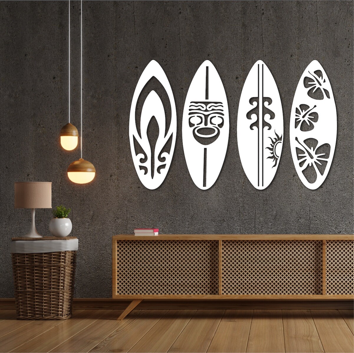 Cuadro Calado Moderno Tablas de Surf en Madera MDF Color Blanco 