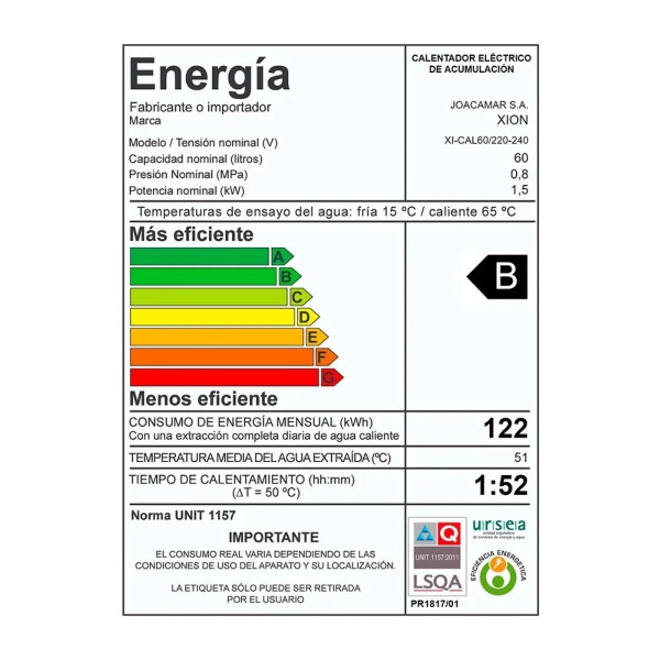 Termotanque Calefón Eléctrico Xion Xi-cal60 60l TERMOTANQUE XION 60L XI-CAL60 AP