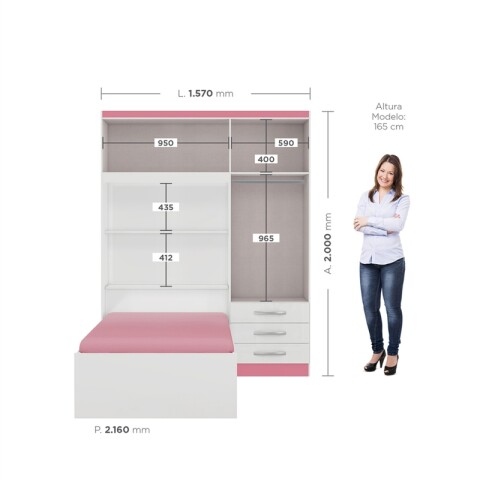 Ropero Lisboa 4 Puertas 3 Cajones con Cama Individual y Baúl - Blanco Rosa Ropero Lisboa 4 Puertas 3 Cajones con Cama Individual y Baúl - Blanco Rosa