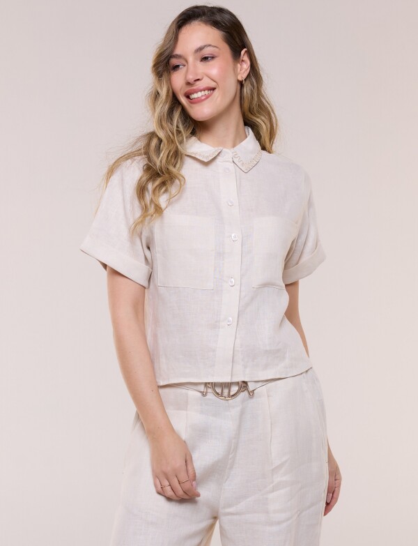 Conjunto De Lino Camisa Bordada Y Pantalon Palazzo BEIGE CLARO