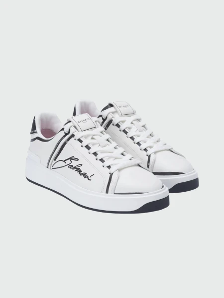 Balmain - Championes acordonados de cuero estampados, B-Court Blanco