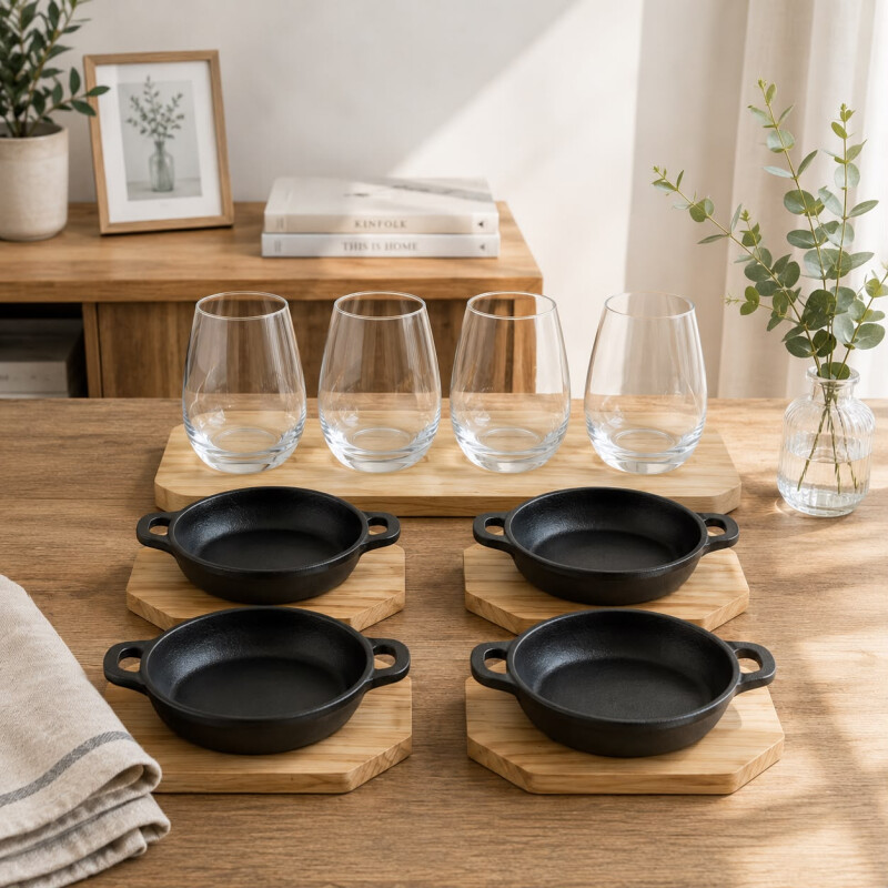 Combo ''Gourmet'' Set 4 Platos de Hierro con Base Bambú y Set de 4 Vasos de Vidrio Combo ''Gourmet'' Set 4 Platos de Hierro con Base Bambú y Set de 4 Vasos de Vidrio