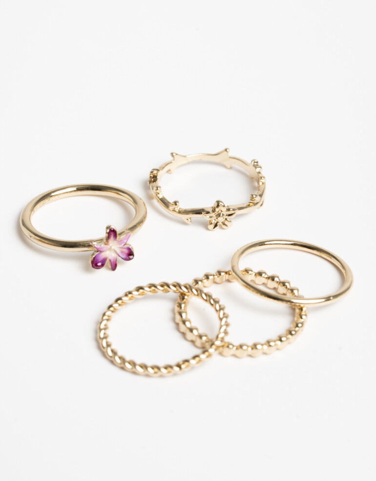 Sets Anillos Color Set De Anillos Metal Y Flor - Dorado