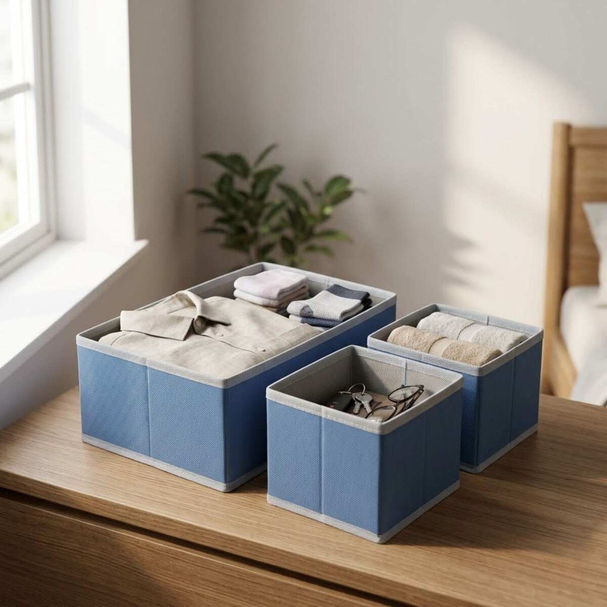 Set x3 organizadores de tela PVC 14x14x11cm/28x14x11cm - CELESTE 