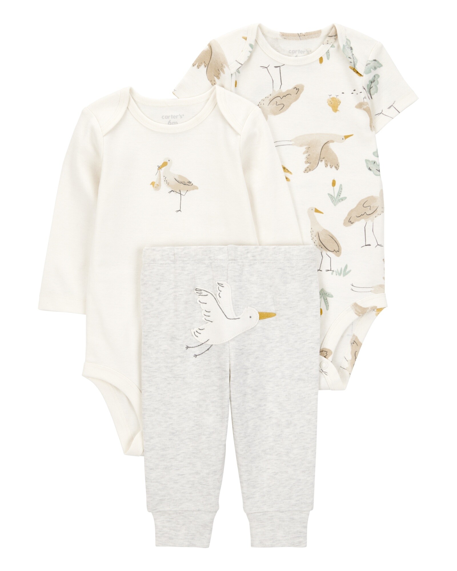 Set tres piezas de algodón, pantalón y dos bodies, diseño cigüeña Sin color