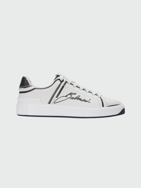 Balmain - Championes acordonados de cuero estampados, B-Court Blanco