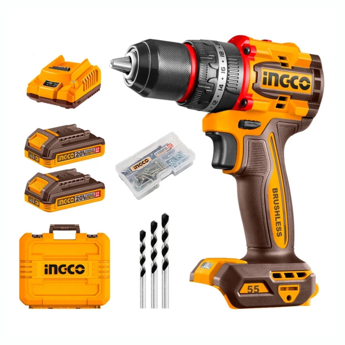 Atornillador Percutor A Batería INGCO CIDLI20558 20V P20S 55NM Con Valija Y Mechas 
