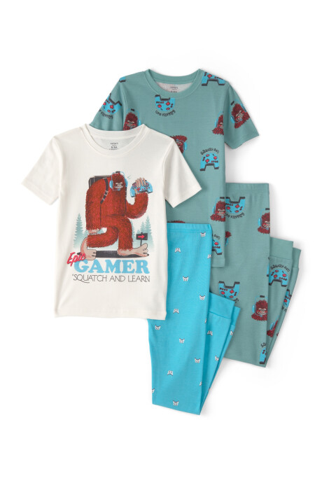 Pijama cuatro piezas de algodón, diseño pie grande y videojuegos Sin color