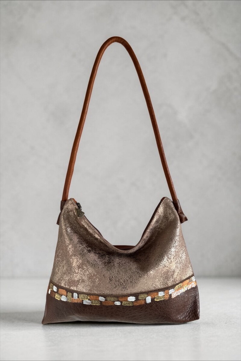 Cartera ALIRA Línea Basic En Cuero Marrón Combinado Y Arte Pintado A Mano 