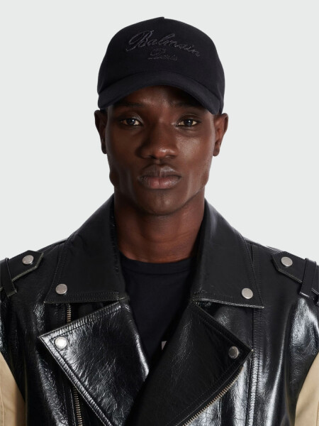 Balmain - Gorro con visera de algodón con bordado Balmain signature Negro