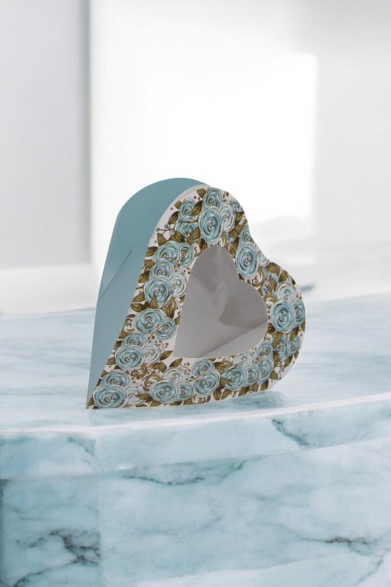 Caja corazon con visor - 17x17x5 cm. - CELESTE C/ ORO 