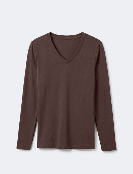 BLUSA BÁSICA DE MANGA LARGA Y CUELLO EN V MARRÓN