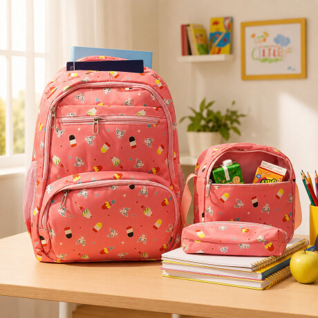 Set Mochila 3 Piezas Estampado Helados Escolar Resistente Rosa