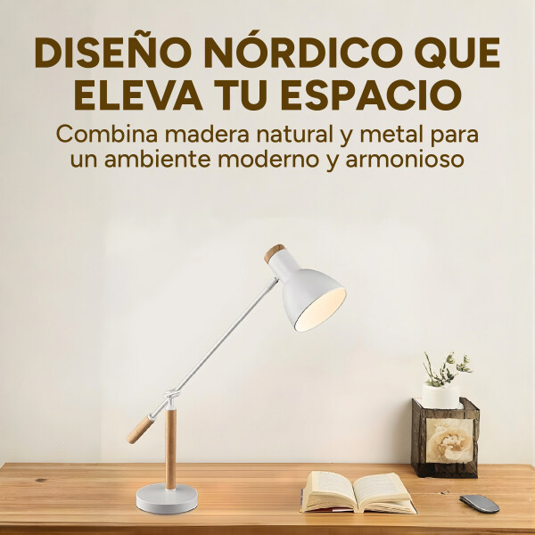 Lampara De Mesa Escritorio Estilo Nórdico Madera Metal 58Cm Color Blanco