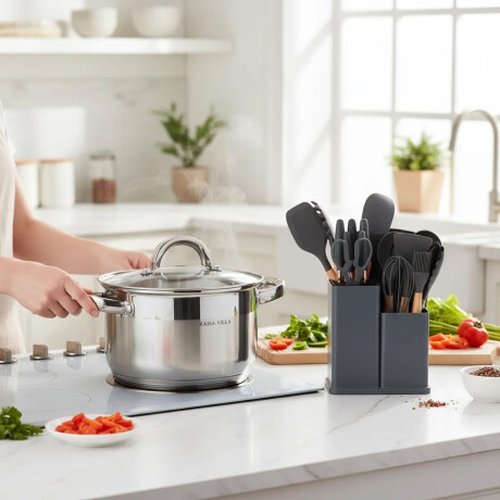 Set Cocina Utensilios 19Pzs + Olla Acero Inoxi 26cm 7,9L Gris