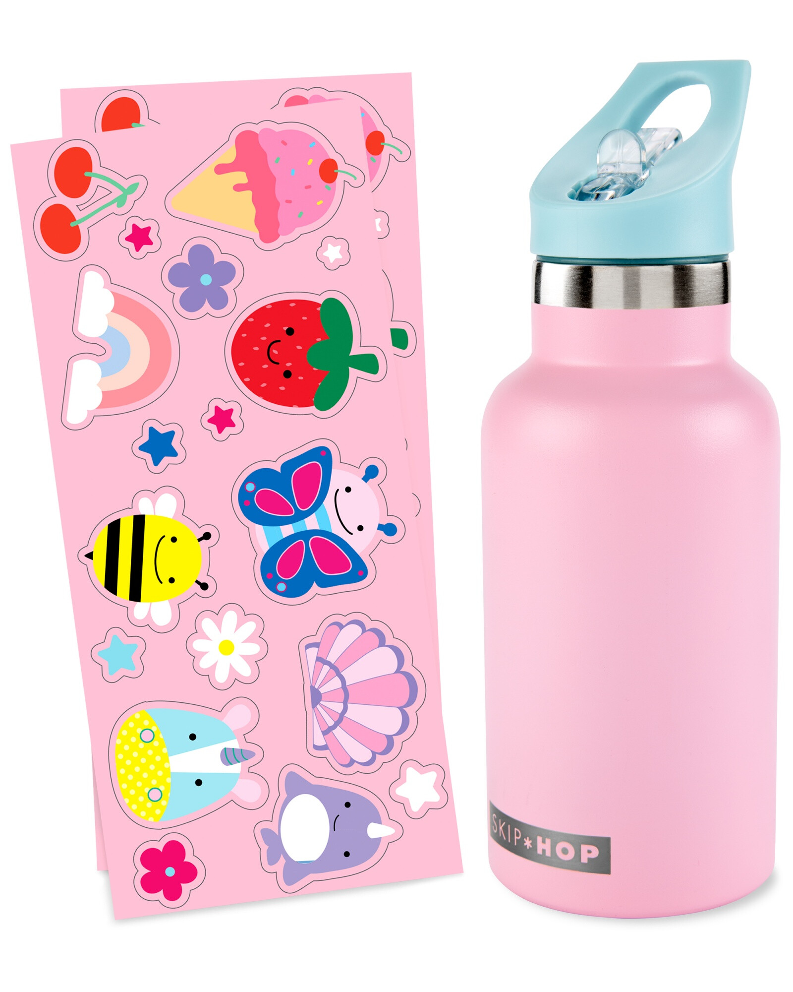 Botella de acero inoxidable con sorbito y stickers, rosada Botella de acero inoxidable con sorbito y stickers, rosada