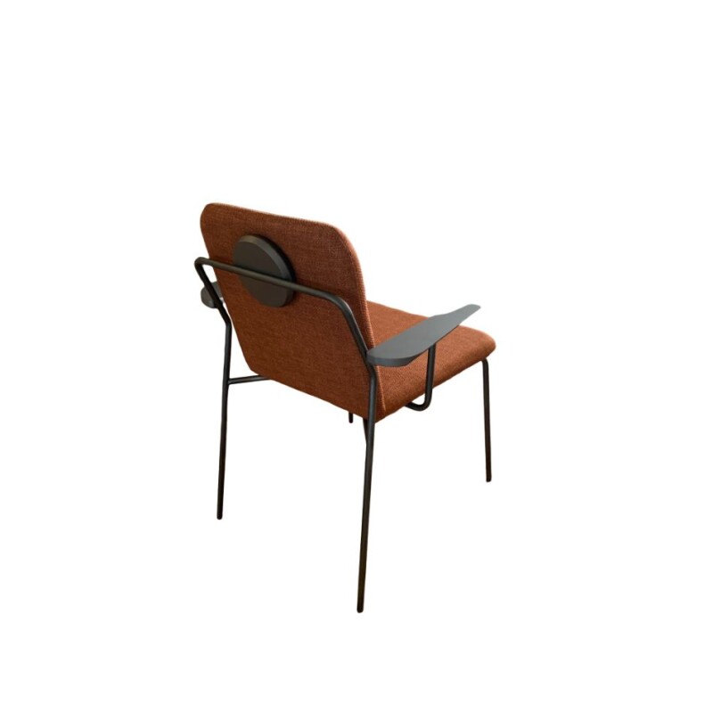 Silla con apoyabrazos - Tapizada en tela terracota, patas metal con detalle de circulo de madera. Silla con apoyabrazos - Tapizada en tela terracota, patas metal con detalle de circulo de madera.
