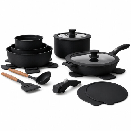 Set Ollas 17 Piezas Antiadherentes Mango Extraible Negro