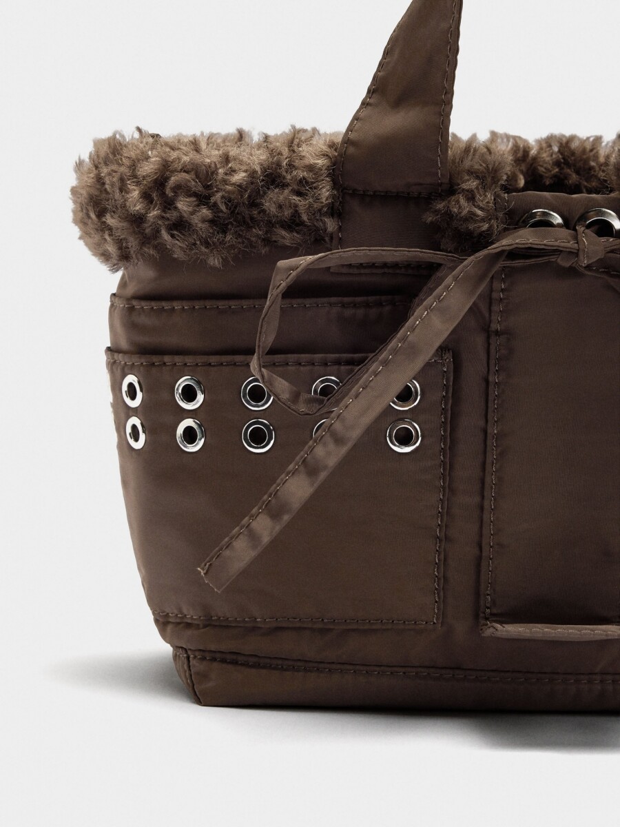 Bolso Tote De Nylon Borde Efecto Pelo marron