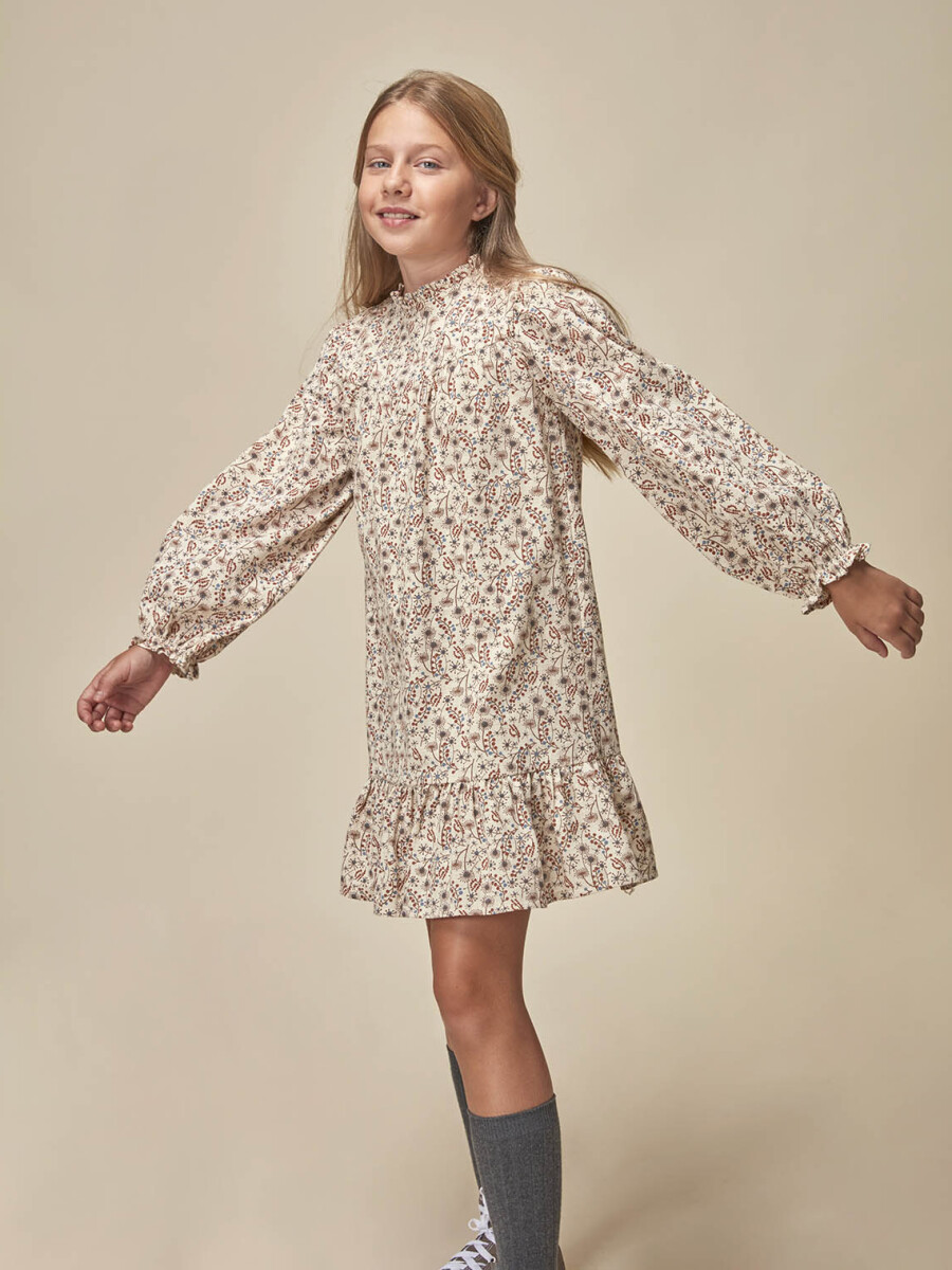 Vestido Estampado Con Volante Arena Claro
