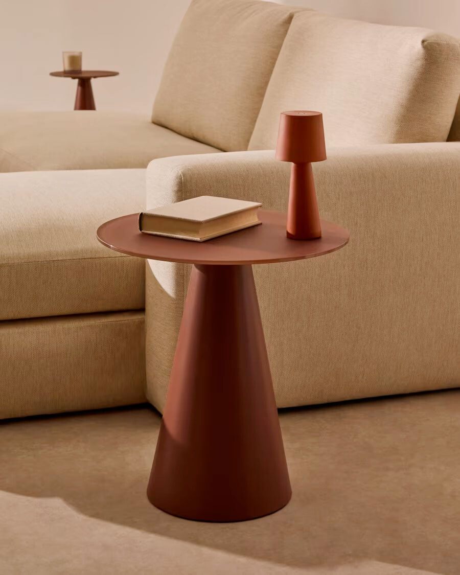Mesa auxiliar Wilshire cristal templado glaseado y acero acabado pintado terracota mate Ø50cm