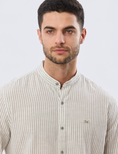 CAMISA RAYADA DE LINO CUELLO MAO Verde