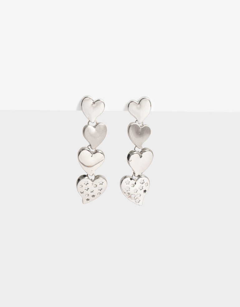 Aros Colgantes Largos Strass Aros Largos Corazones Strass - Plateado Rodio