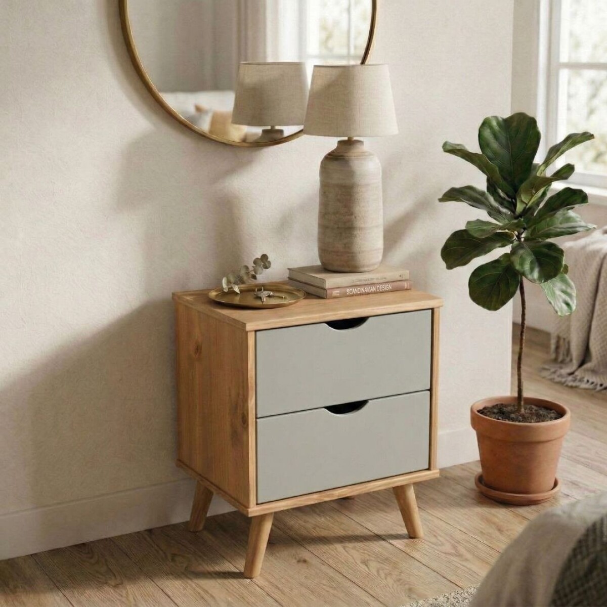 Mesa De Luz Madera Maciza Nordica 2 Cajones - Linea Dublin 