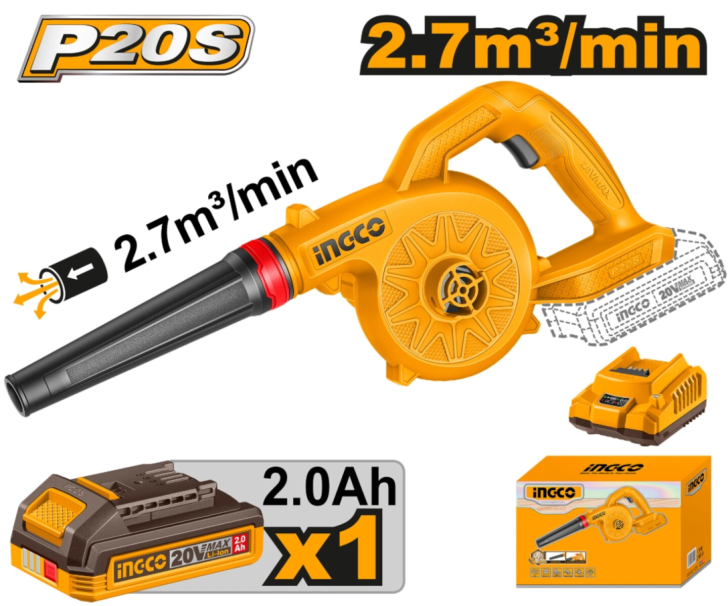 Sopladora a Bateria INGCO P20S 20V 2.7M/MIN C/Bat 2.0AH y Cargador - CABLI20781 