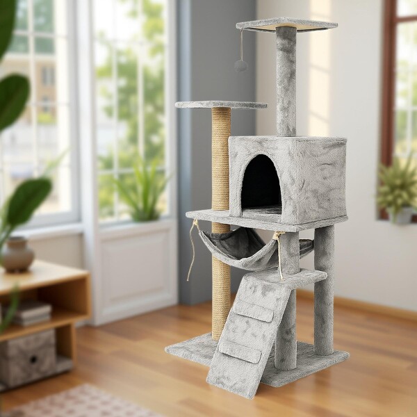 Gimnasio Rascador Para Gato Torre Casa Hamaca Escalera Atrix Variante Color Gris Claro