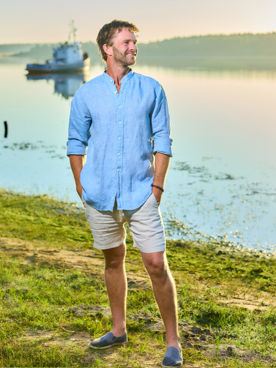 Camisa de lino Cuello Mao - Celeste 