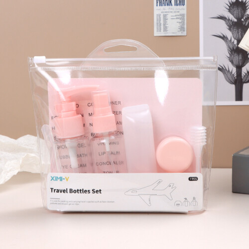 Set Botellas De Viaje Con Tapa Rosa Y Neceser - 7 Piezas - A Set Botellas De Viaje Con Tapa Rosa Y Neceser - 7 Piezas - A