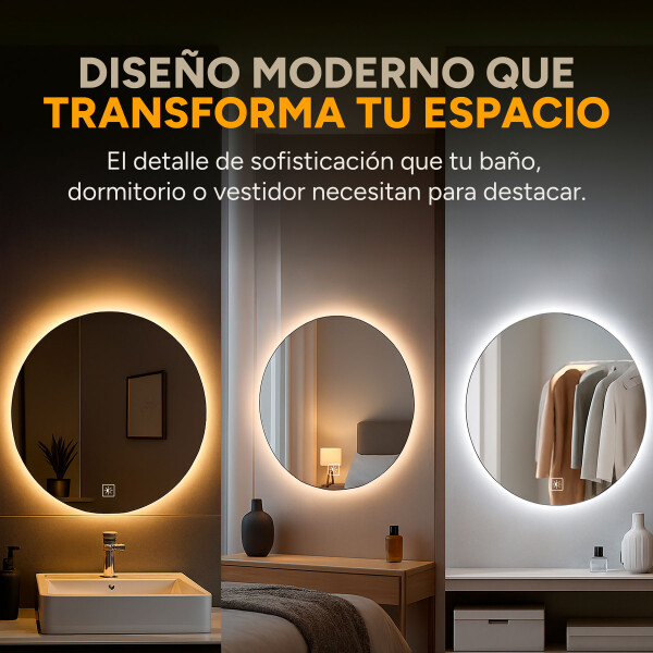 Espejo Redondo Baño Táctil 3 Modos Luz Retroiluminado 60 Cm Diseño Circular