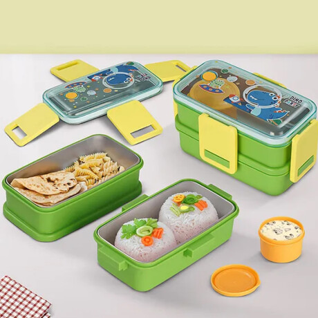 Vianda doble piso con cubiertos, division y tapa Verde