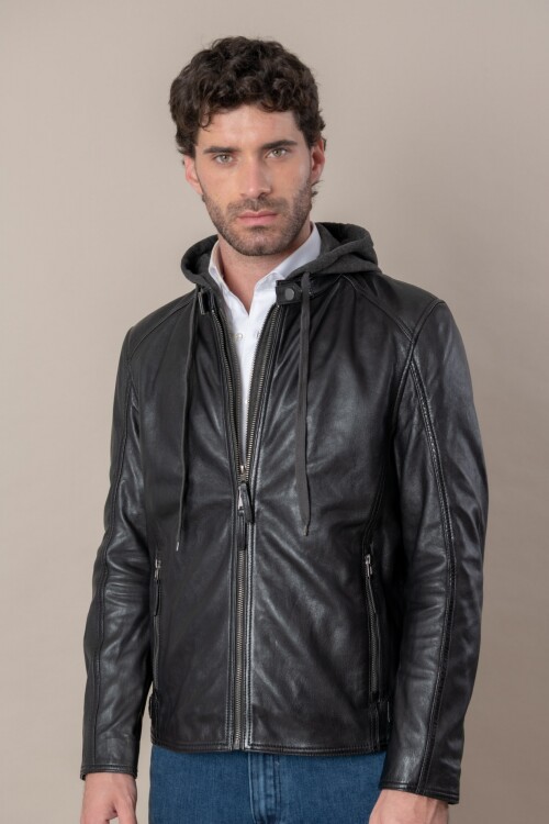 Campera cuero con capucha - Easy Rider Collection Negro