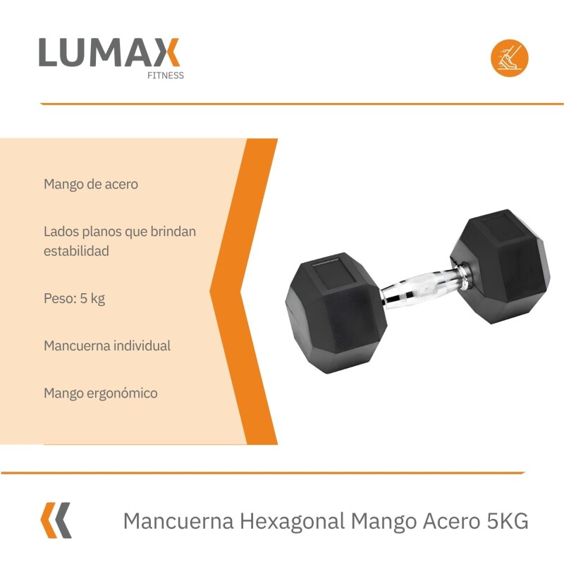 Mancuerna Fija Hexagonal Recubierta Mango Acero Lumax 5KG Mancuerna Fija Hexagonal Recubierta Mango Acero Lumax 5KG