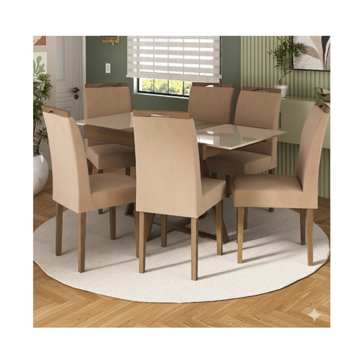 JUEGO DE COMEDOR MESA + 6 SILLAS TAPIZADAS NOGAL/OFF W 