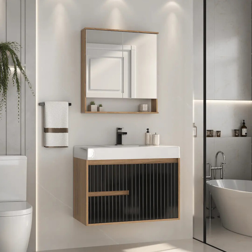 MUEBLE DE BAÑO SUSPENDIDO MODELO CLARICE 78 SIN TAPA - COLOR CATEDRAL CON NEGRO Mueble De Baño Suspendido Modelo Clarice 78 Sin Tapa - Color Catedral Con Negro