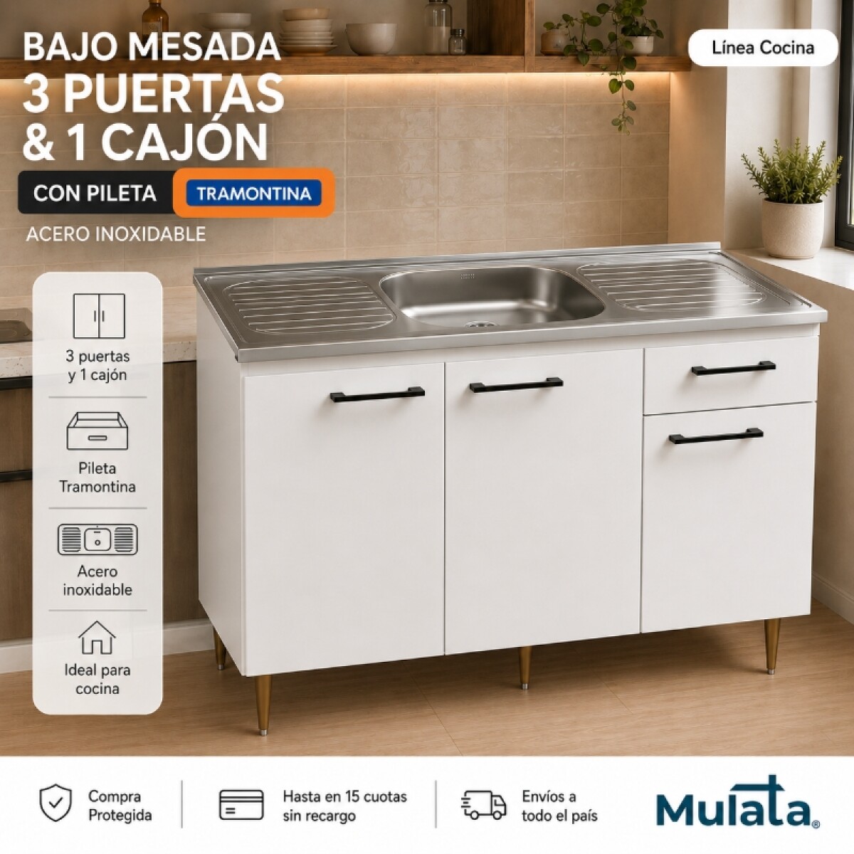 Bajo Mesada Blanco + Pileta Central Tramontina Acero 