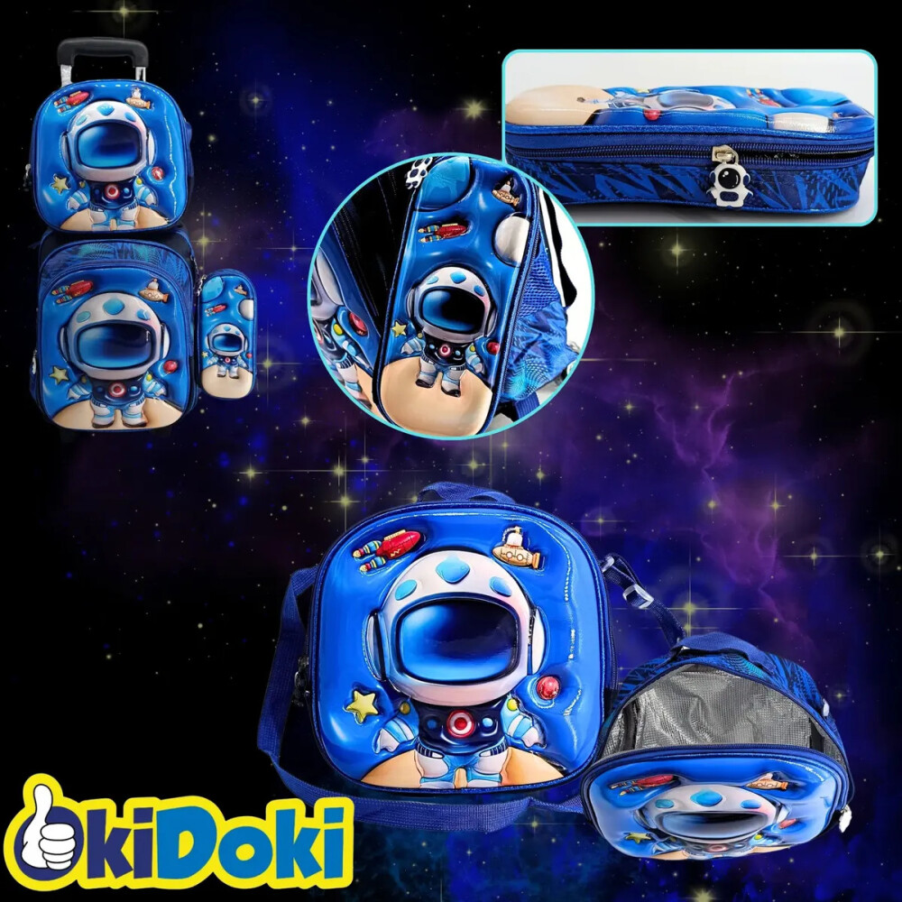 Mochila con carrito, lonchera y cartuchera. Astronauta