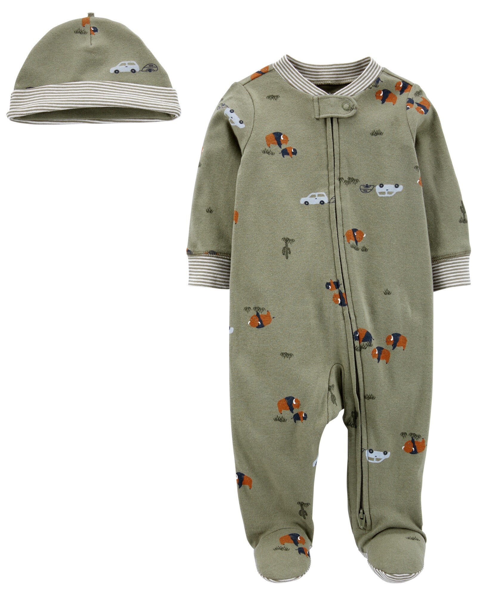 Pijama una pieza de algodón con pie y gorro, diseño búfalos Sin color