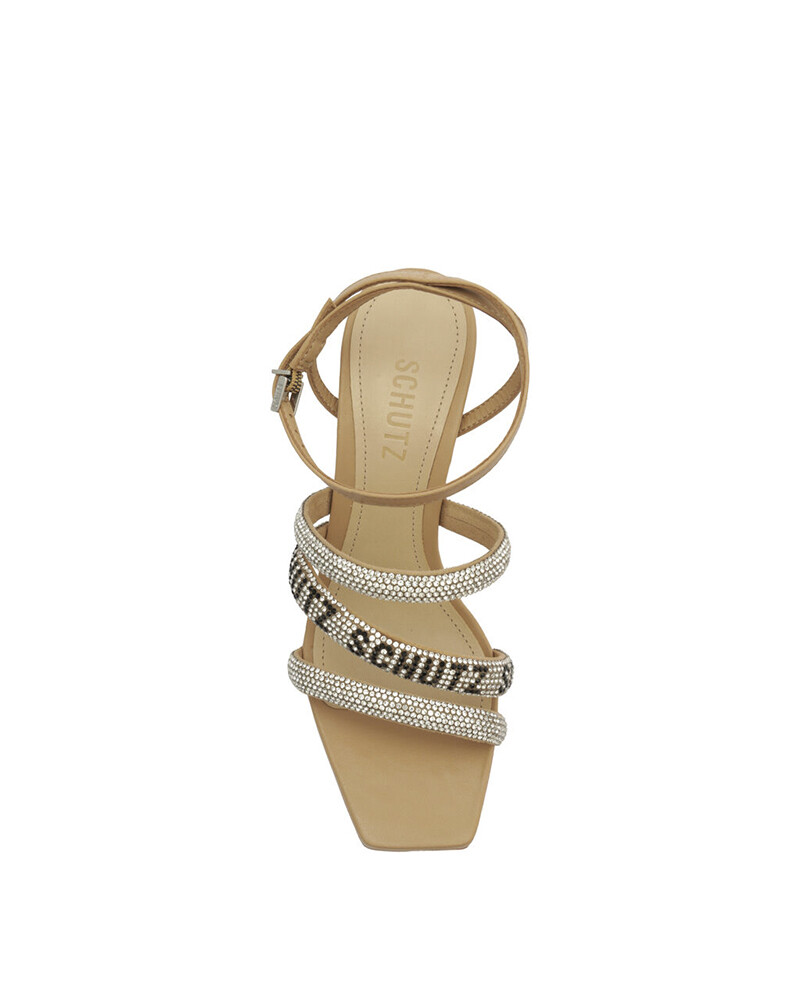 Sandalia Taco Ancho Beige Con Brillos U