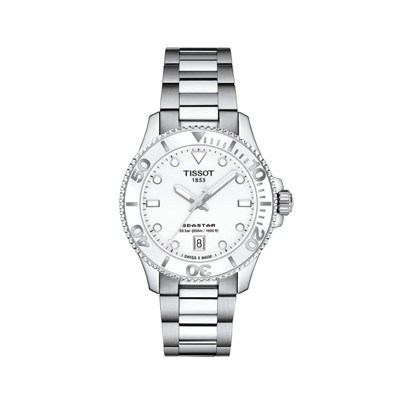 Reloj Tissot Seastar T1202101105100 para dama con correa de acero Plateado