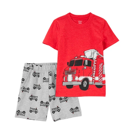 Set Carters 2 Piezas Short y Remera de Algodón Bomberos ROJO-GRIS