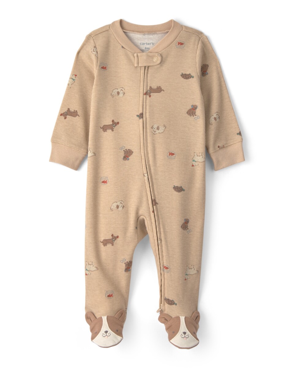Pijama una pieza de algodón, con pie, marrón, diseño perros 