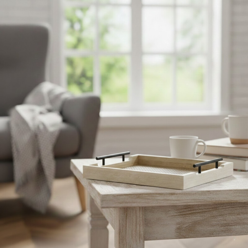 Bandeja decorativa simil madera con asa 35x25cm Blanco y Negro