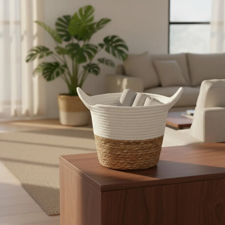 Cesto Canasto Fibra Natural y Algodón c/ Asa Paramount Ø23Cm Blanco