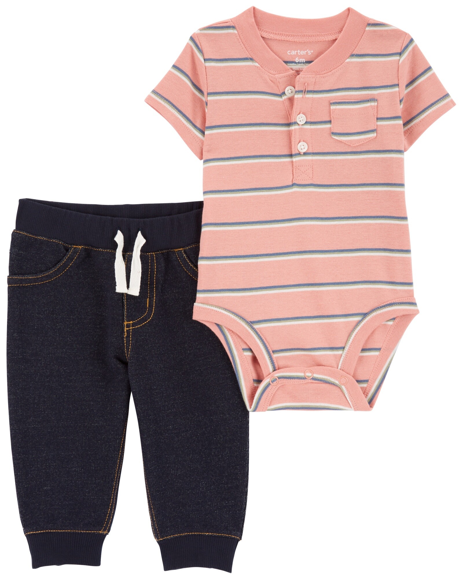 Set dos piezas, pantalón jean y body henley de algodón Sin color